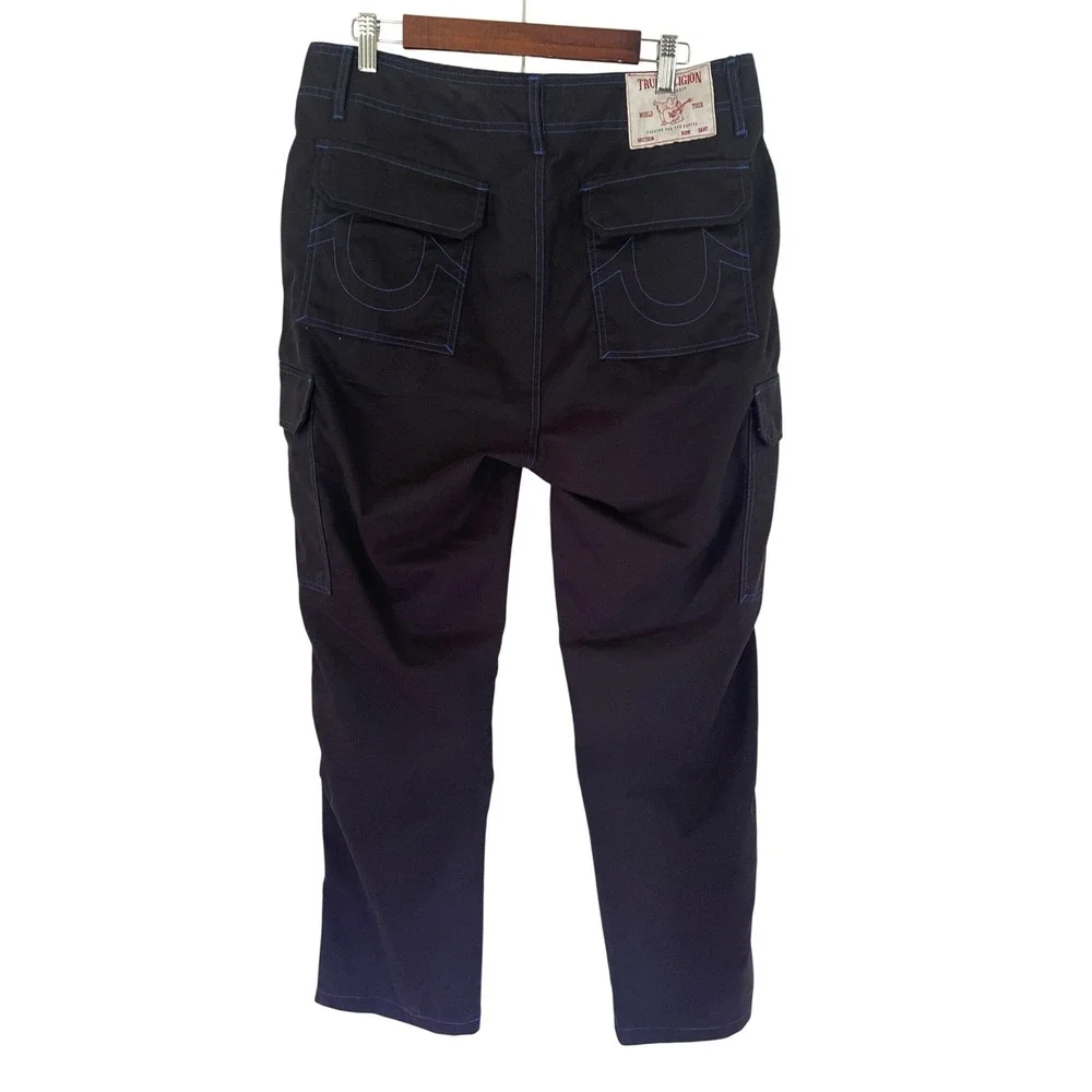 True Religion Mens Cargo Pants Jet Black Pacific Blue Contrast Stitch 34W New